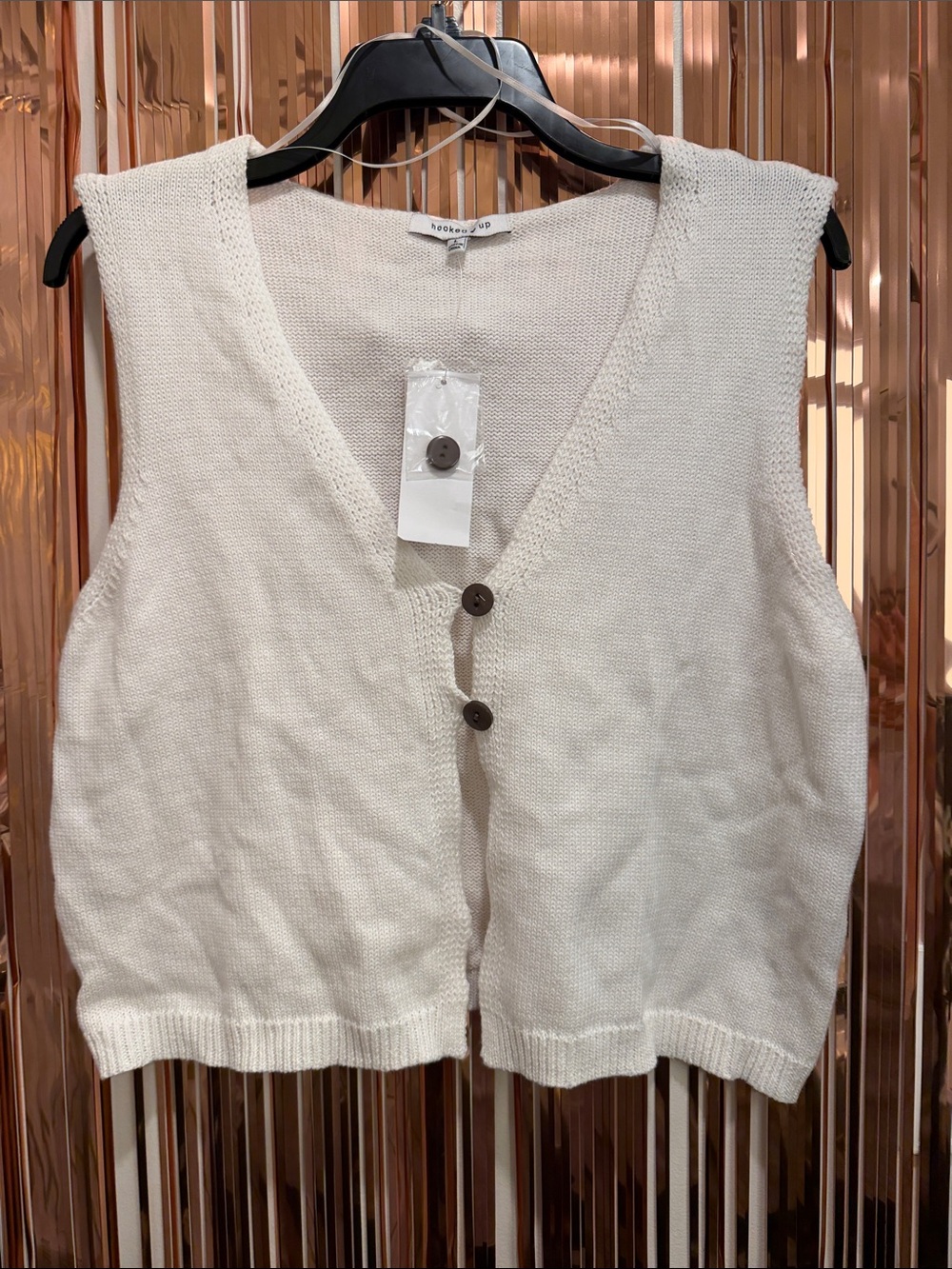 Hooked Up by IOT Cream V-Neck Button Knit Vest NEW L